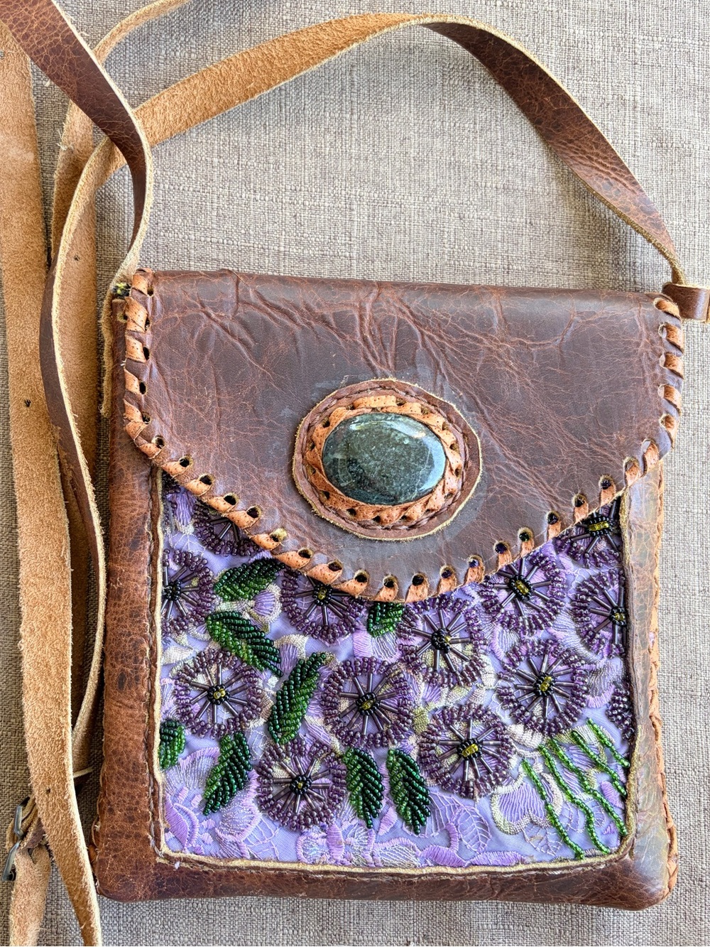 Vintage Handmade Leather Floral Beaded Crossbody Bag Whipstitch Gypsycore Unique